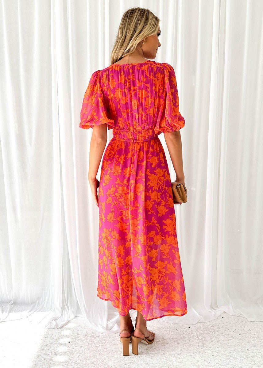Amelia | Robe midi fleurie à col en V pour femme avec manches bouffantes