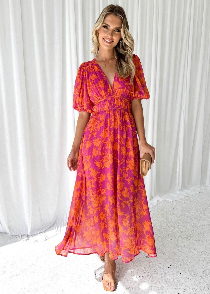 Amelia | Robe midi fleurie à col en V pour femme avec manches bouffantes