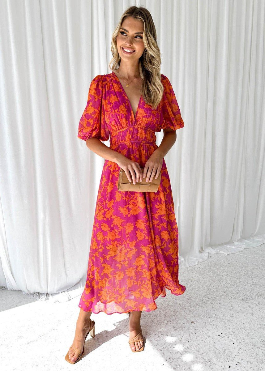 Amelia | Robe midi fleurie à col en V pour femme avec manches bouffantes