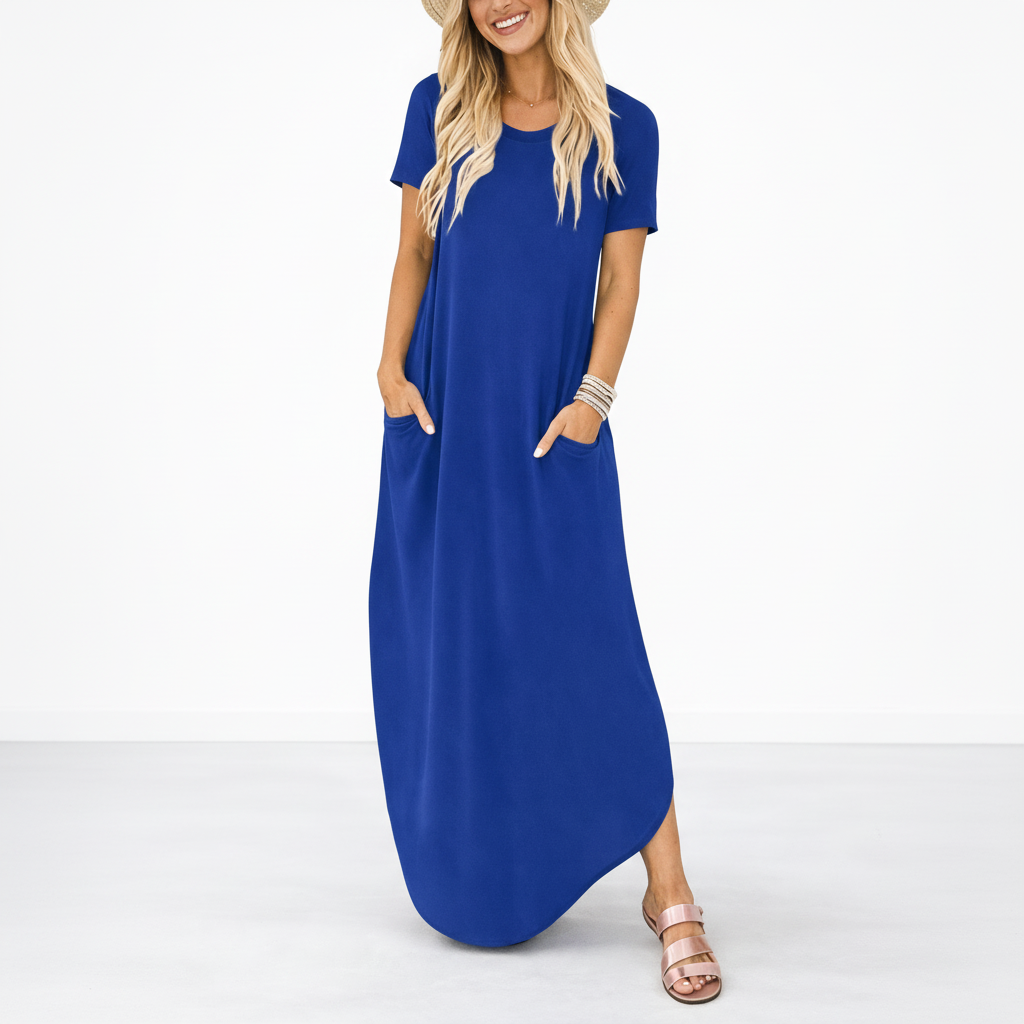 Robe Longue Été Femme robe longue col rond légère décontractée en tissu léger et fluide, portée