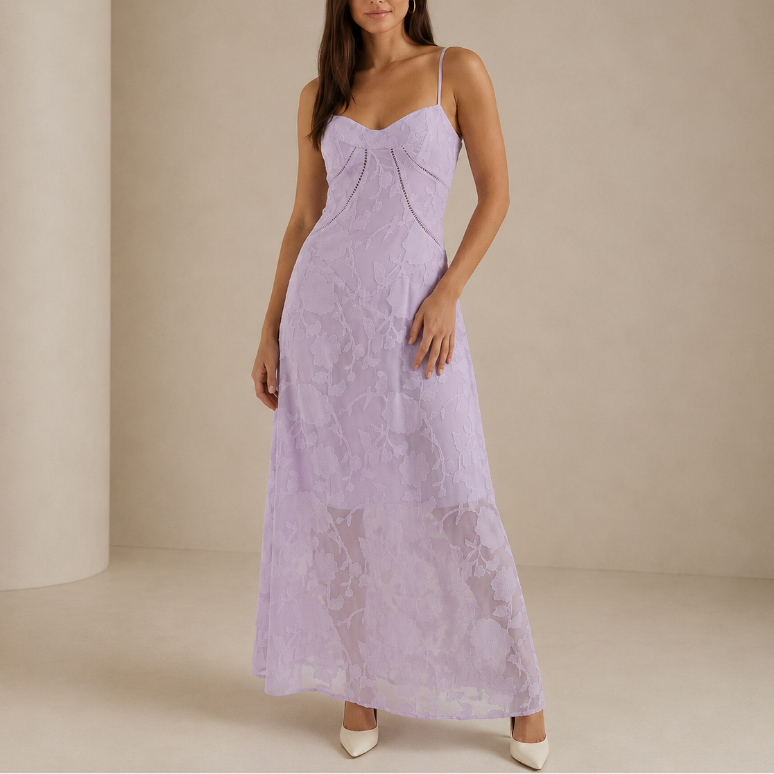 Robe Dentelle Longue Fleurie Femme robe de soirée sans manches en dentelle, détail tissu