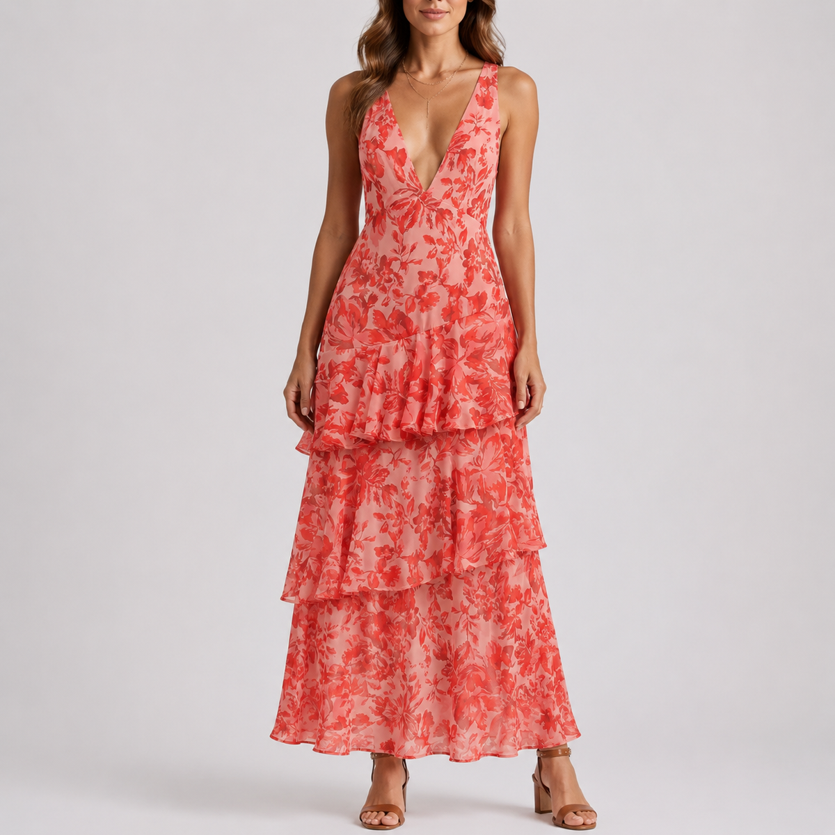 Robe Longue Fleurie Décolleté V Femme robe dos nu longue en tissu léger et fluide, vue de face
