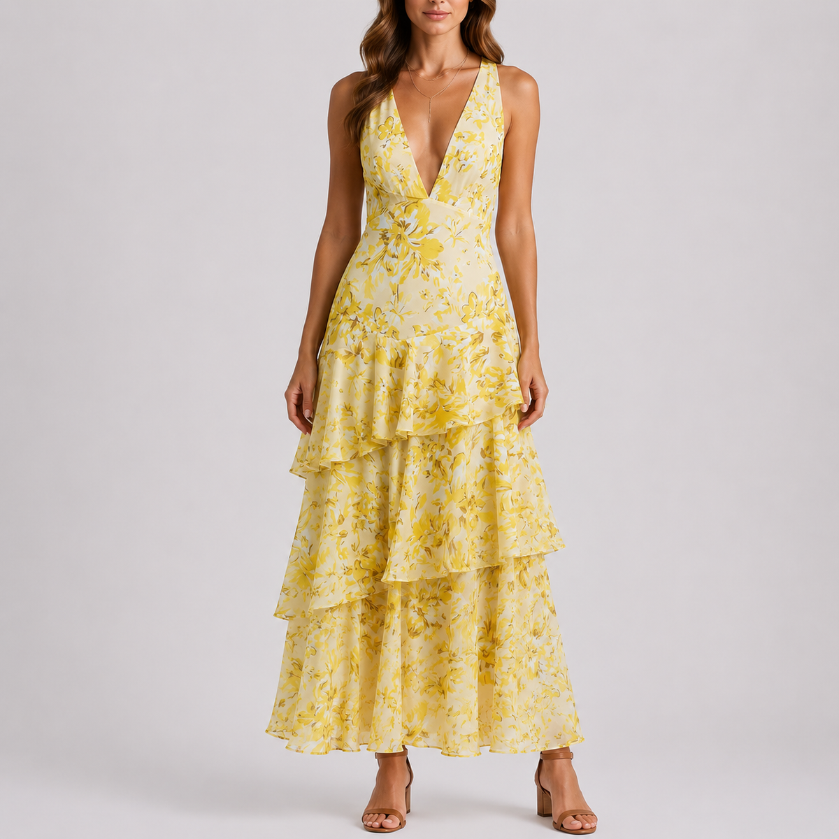Robe Longue Fleurie Décolleté V Femme robe dos nu longue en tissu léger et fluide, portée