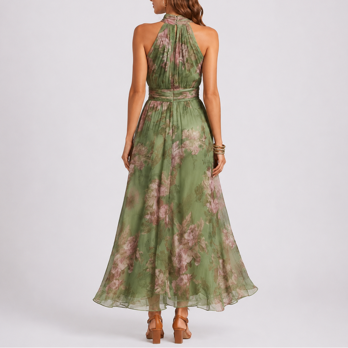 Robe Col Halter Longue Femme robe longue fleurie élégante en tissu léger et fluide, vue de dos