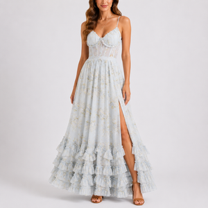 Robe Longue Fleurie Femme robe corset bustier élégante en tissu léger et fluide, vue de face