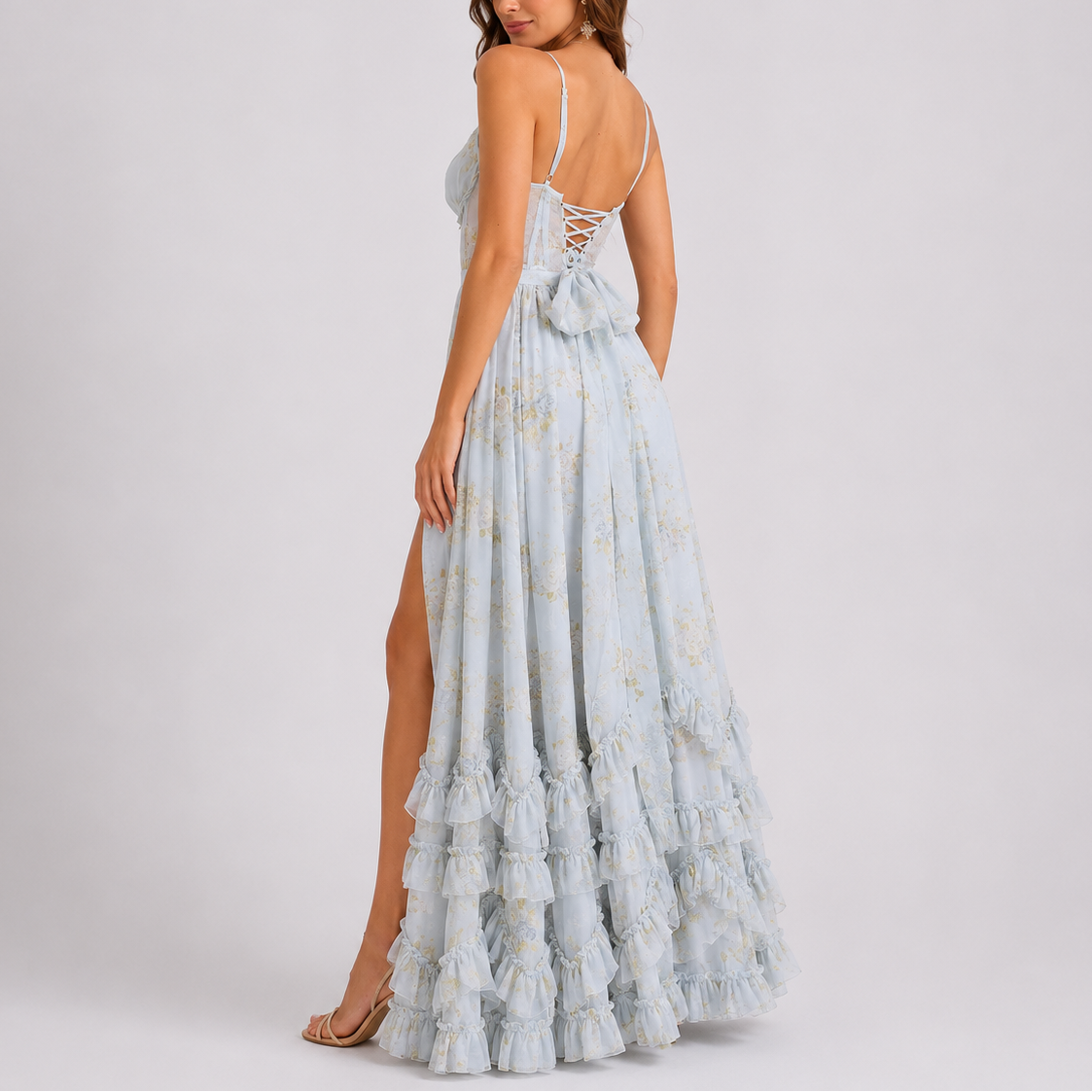 Robe Longue Fleurie Femme robe corset bustier élégante en tissu léger et fluide, vue de dos
