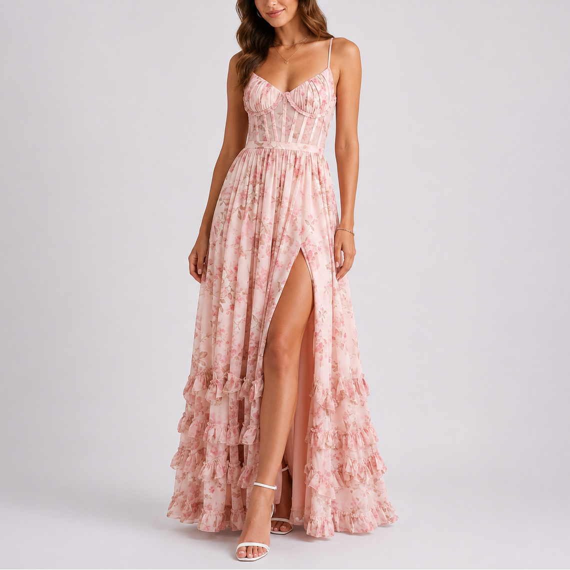 Robe Longue Fleurie Femme robe corset bustier élégante en tissu léger et fluide, vue de profil