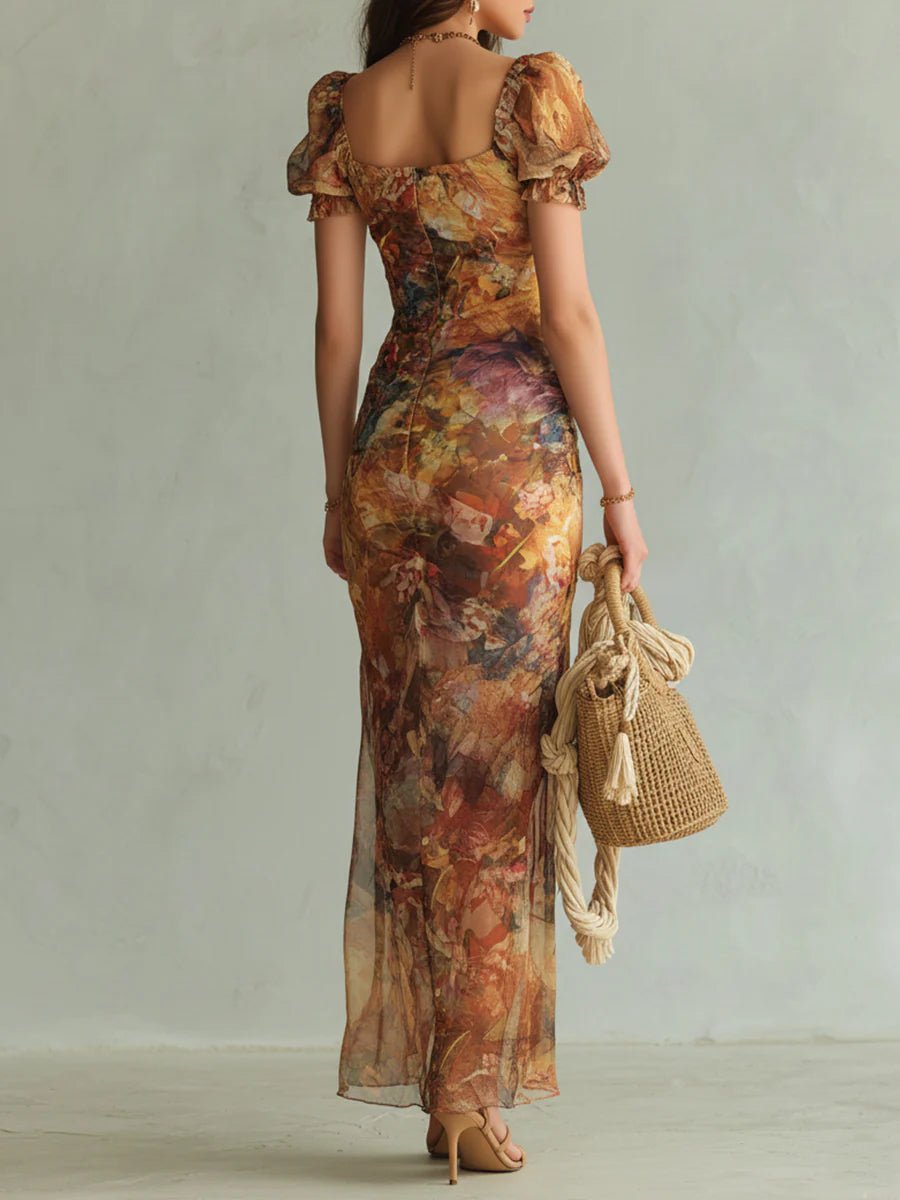 Ella | Robe maxi bohème en mousseline à volants et décolleté cœur pour femme