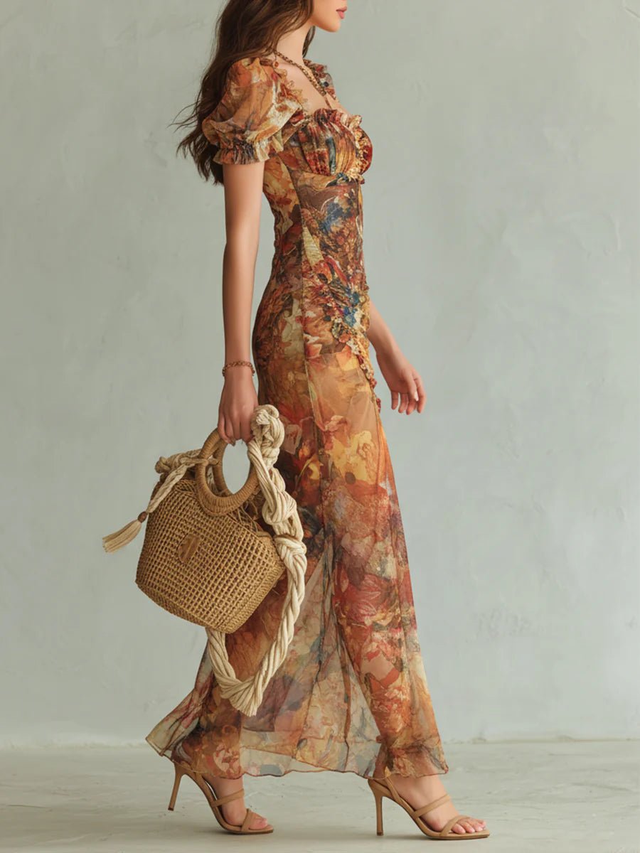 Ella | Robe maxi bohème en mousseline à volants et décolleté cœur pour femme