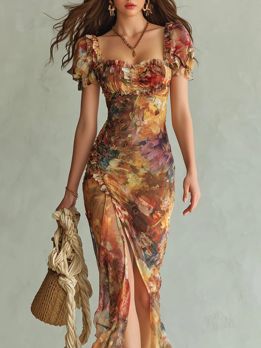 Ella | Robe maxi bohème en mousseline à volants et décolleté cœur pour femme