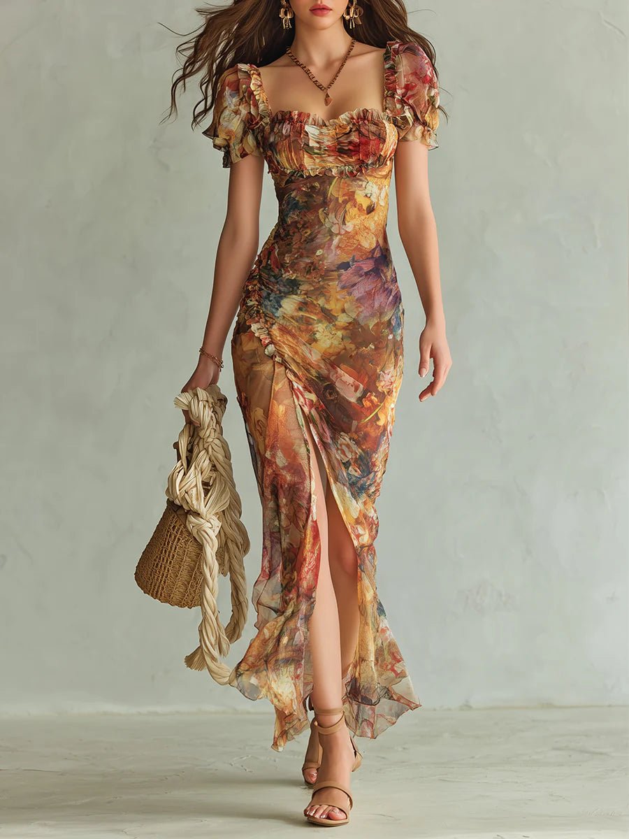 Ella | Robe maxi bohème en mousseline à volants et décolleté cœur pour femme