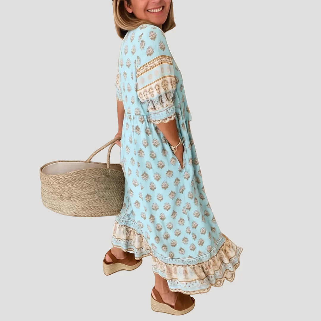 Evie | Robe midi bohème fluide à col en V pour femme
