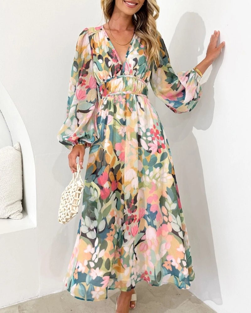 Grace | Robe midi à manches bouffantes en chiffon floral pour femme avec col en V