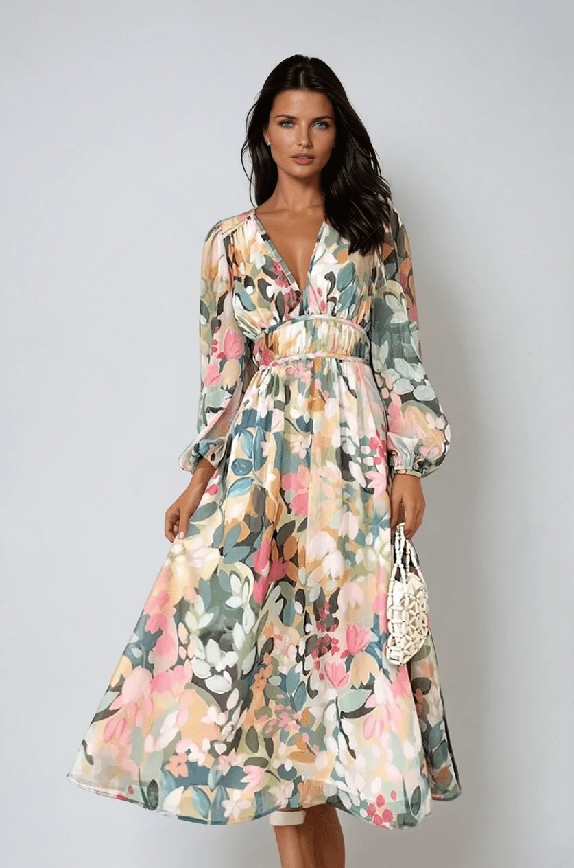Grace | Robe midi à manches bouffantes en chiffon floral pour femme avec col en V