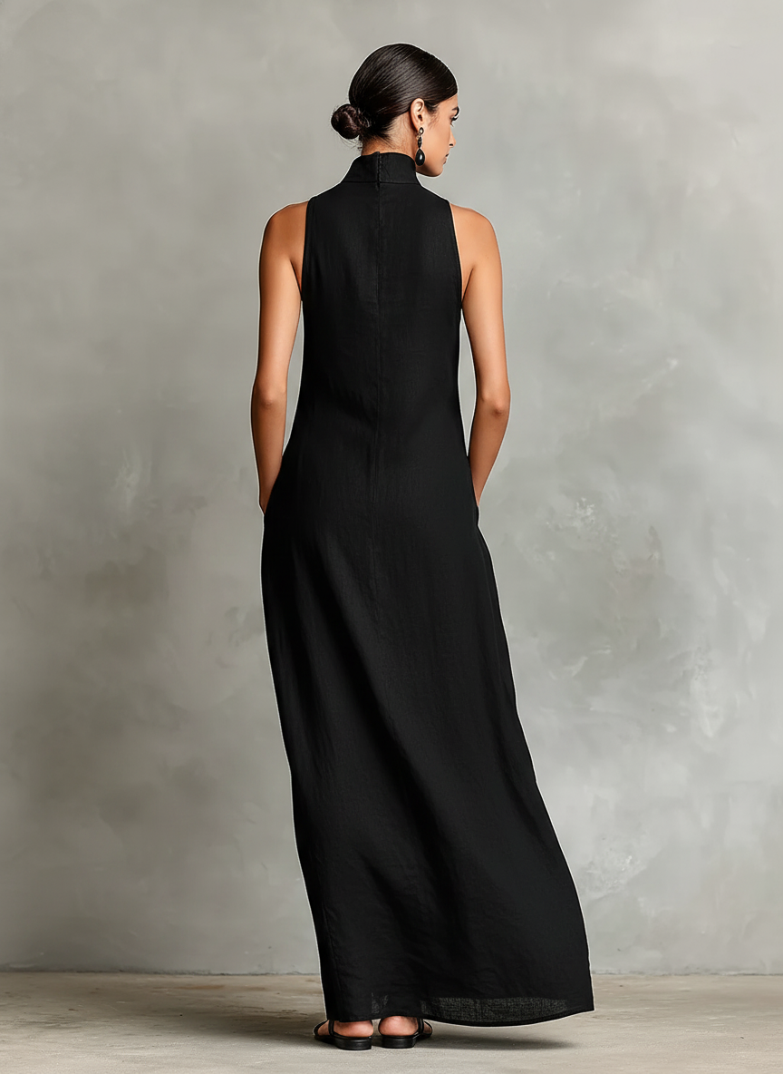 Robe Longue Femme Col Montant Bleu - vue 3