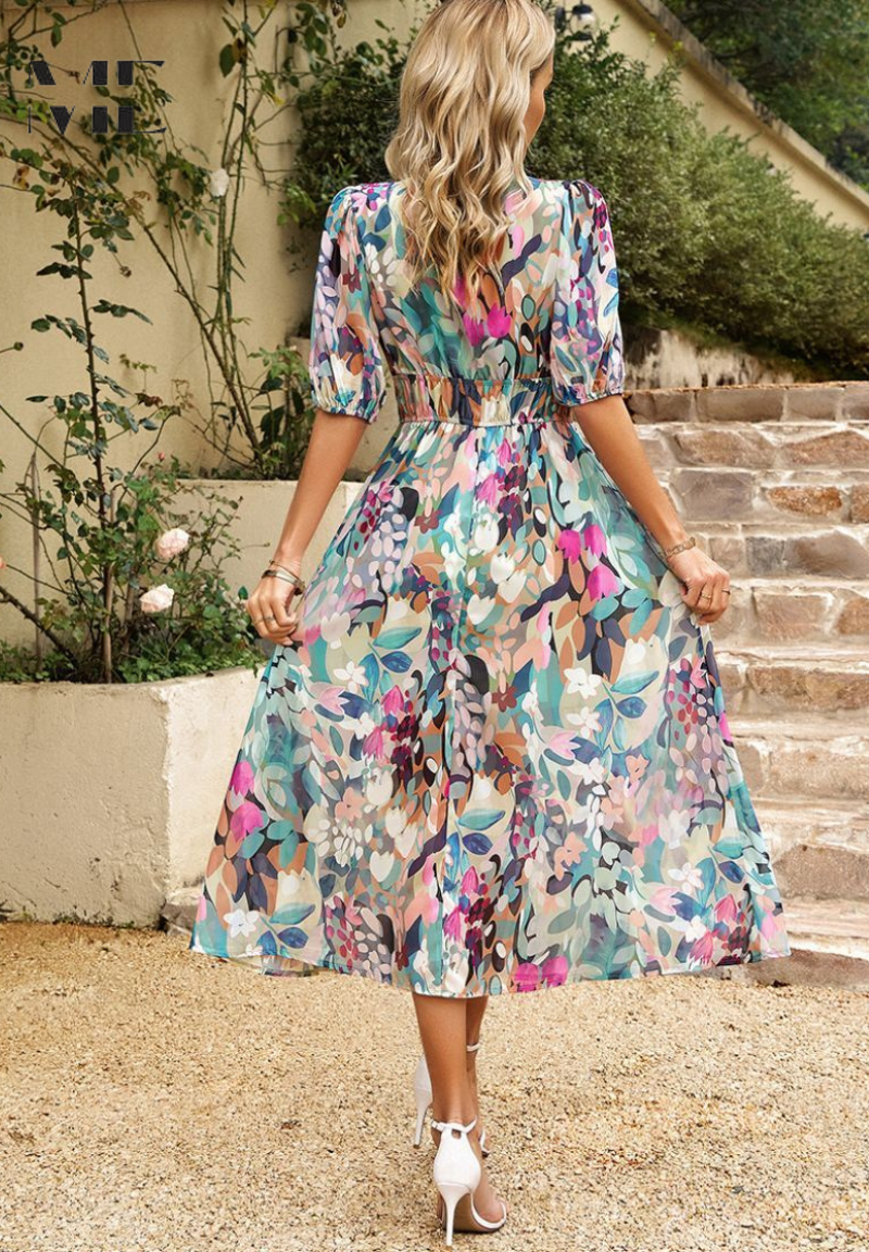 Makayla | Robe midi à col en V à fleurs pour femmes, invitée de mariage