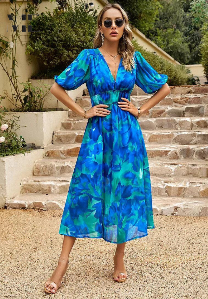 Makayla | Robe midi à col en V à fleurs pour femmes, invitée de mariage