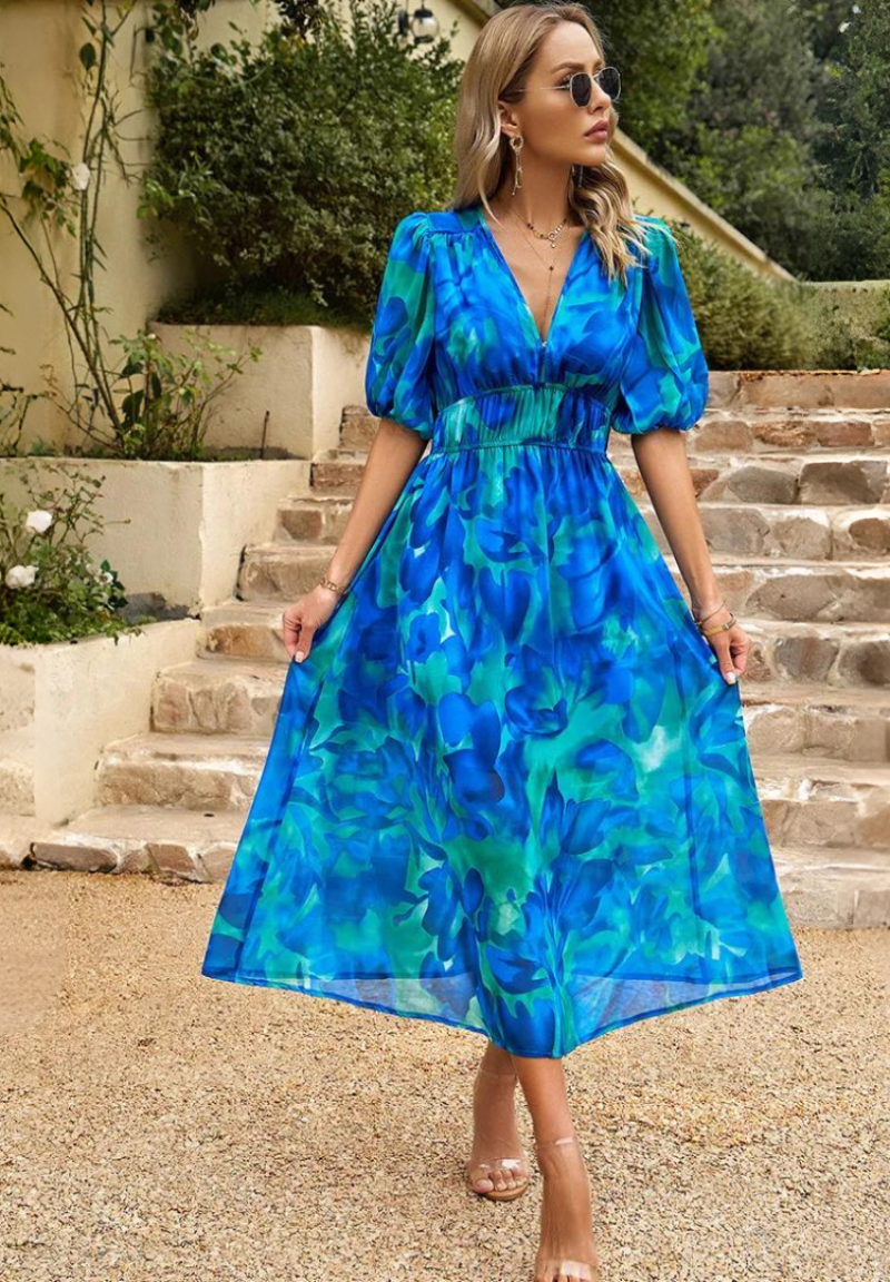 Makayla | Robe midi à col en V à fleurs pour femmes, invitée de mariage