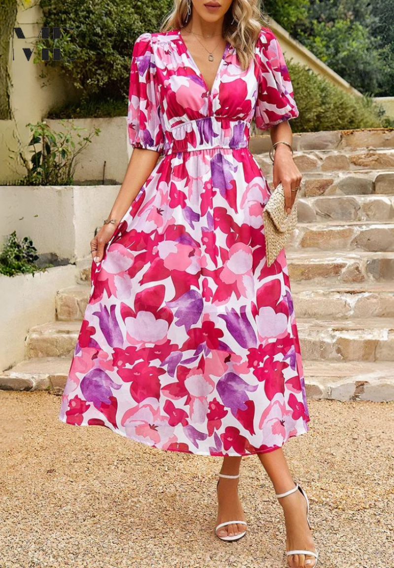 Makayla | Robe midi à col en V à fleurs pour femmes, invitée de mariage