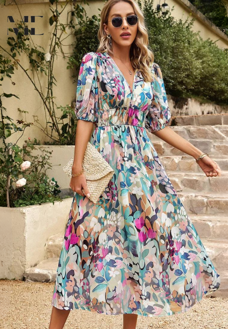 Makayla | Robe midi à col en V à fleurs pour femmes, invitée de mariage