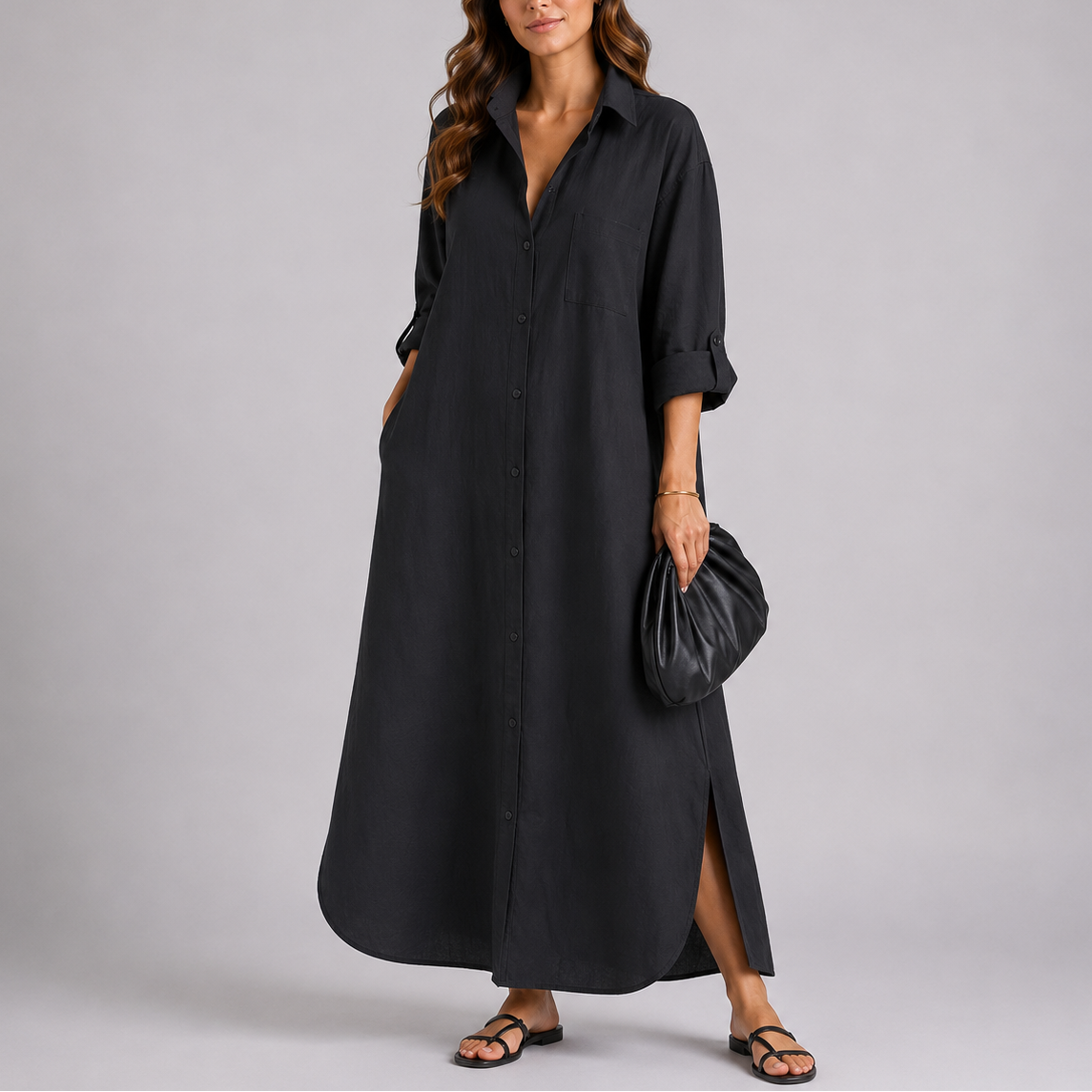 Robe Chemise Longue en Lin Femme robe longue fluide légère en lin, vue de face