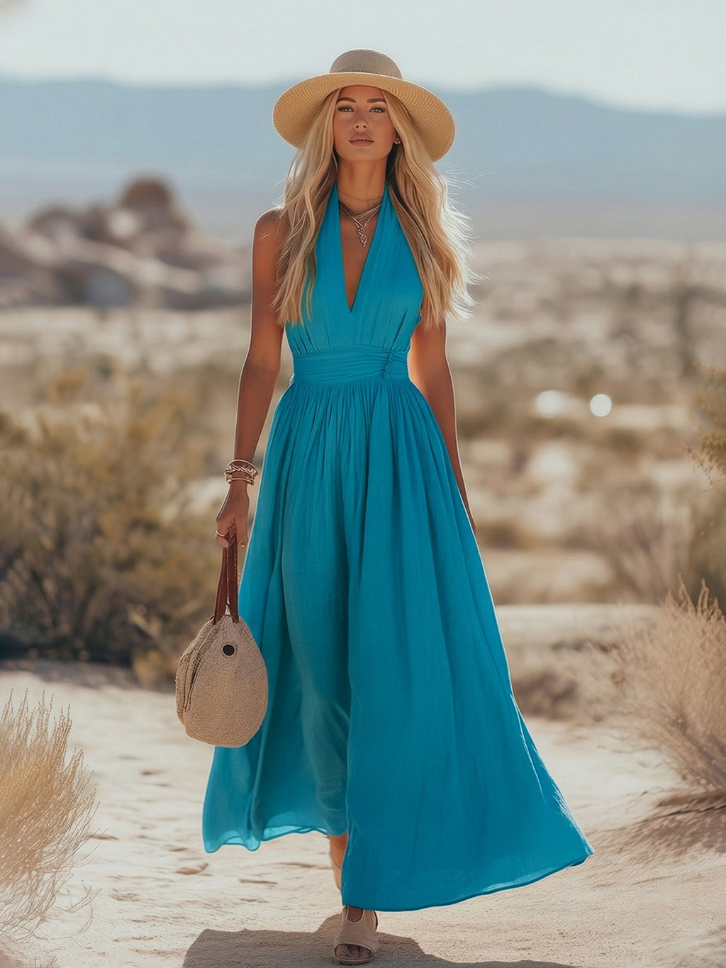Phoebe | Robe maxi bohème en coton-lin à col halter pour femme