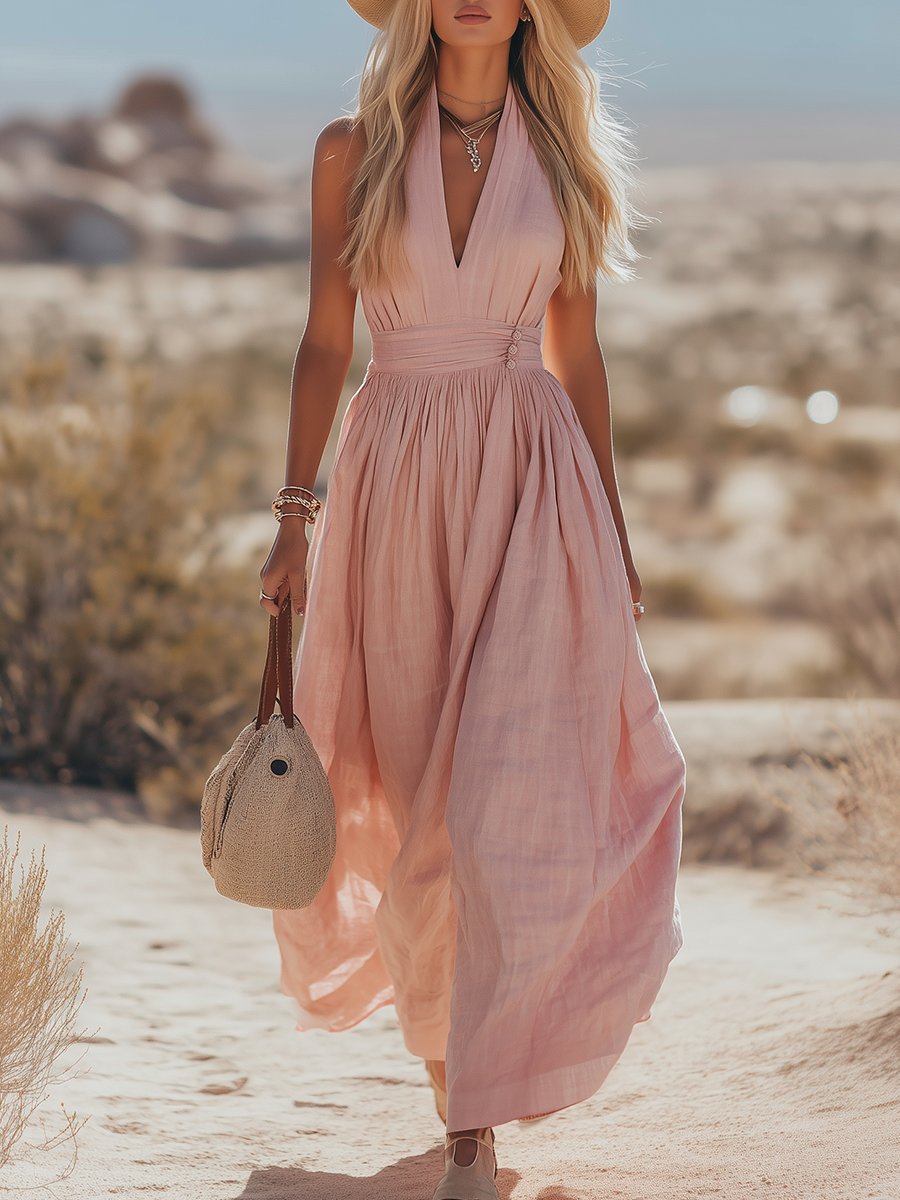 Phoebe | Robe maxi bohème en coton-lin à col halter pour femme