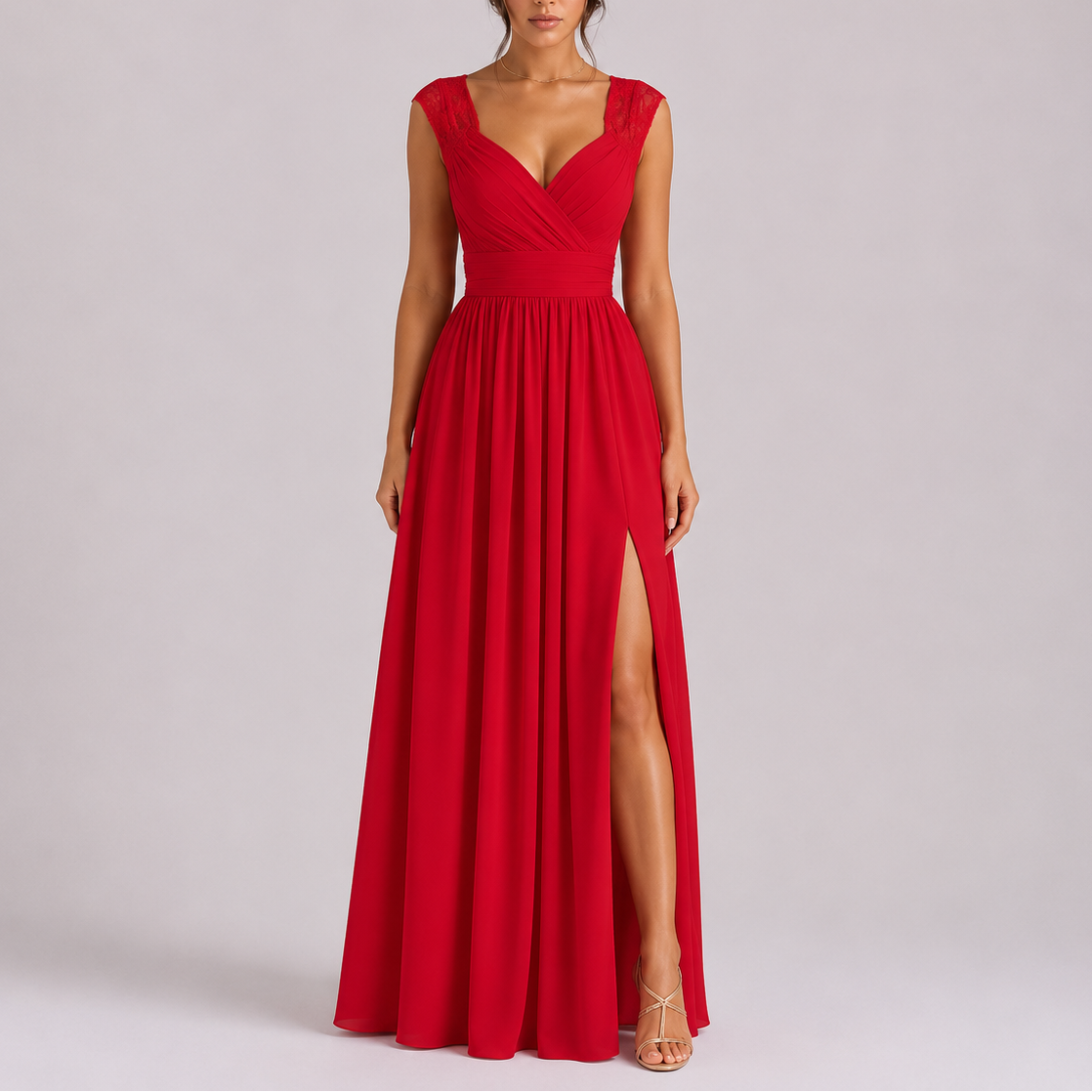 Robe Dentelle Longue Femme robe fendue épaules en dentelle en dentelle, vue de face
