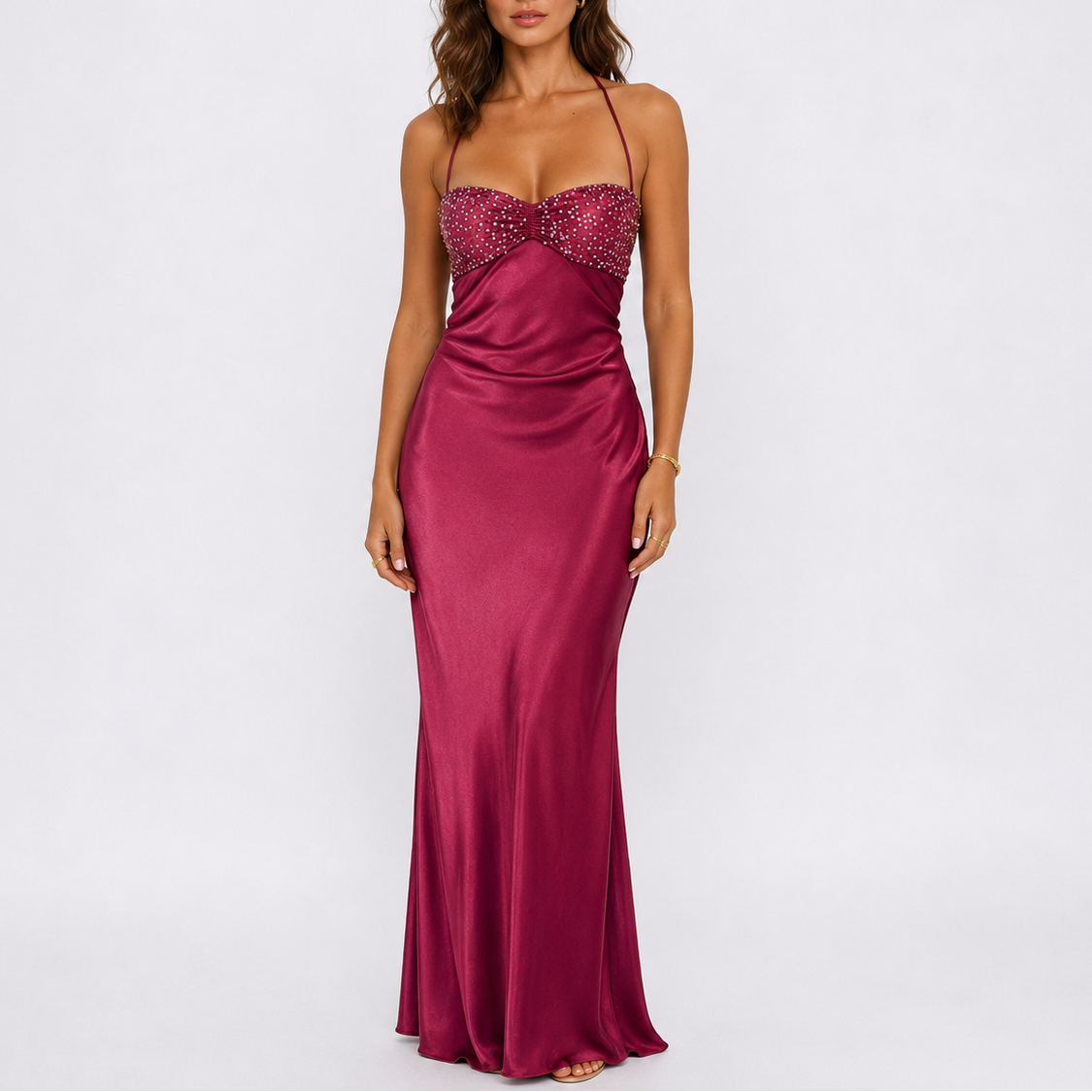 Robe Satin Longue Femme robe de soirée longue élégante en satin, vue de face
