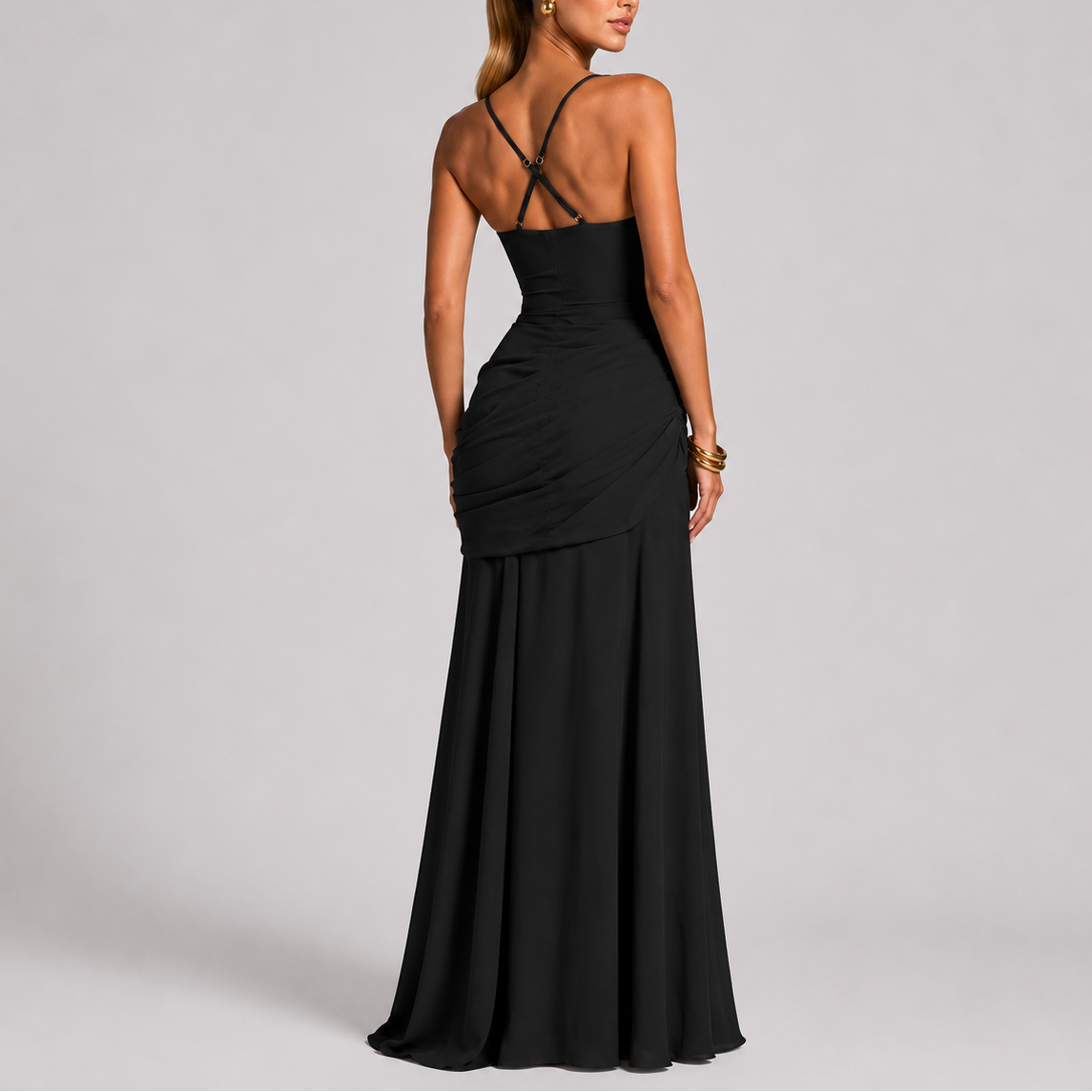 Robe de Soirée Longue Femme robe drapée élégante en tissu léger et fluide, vue de dos