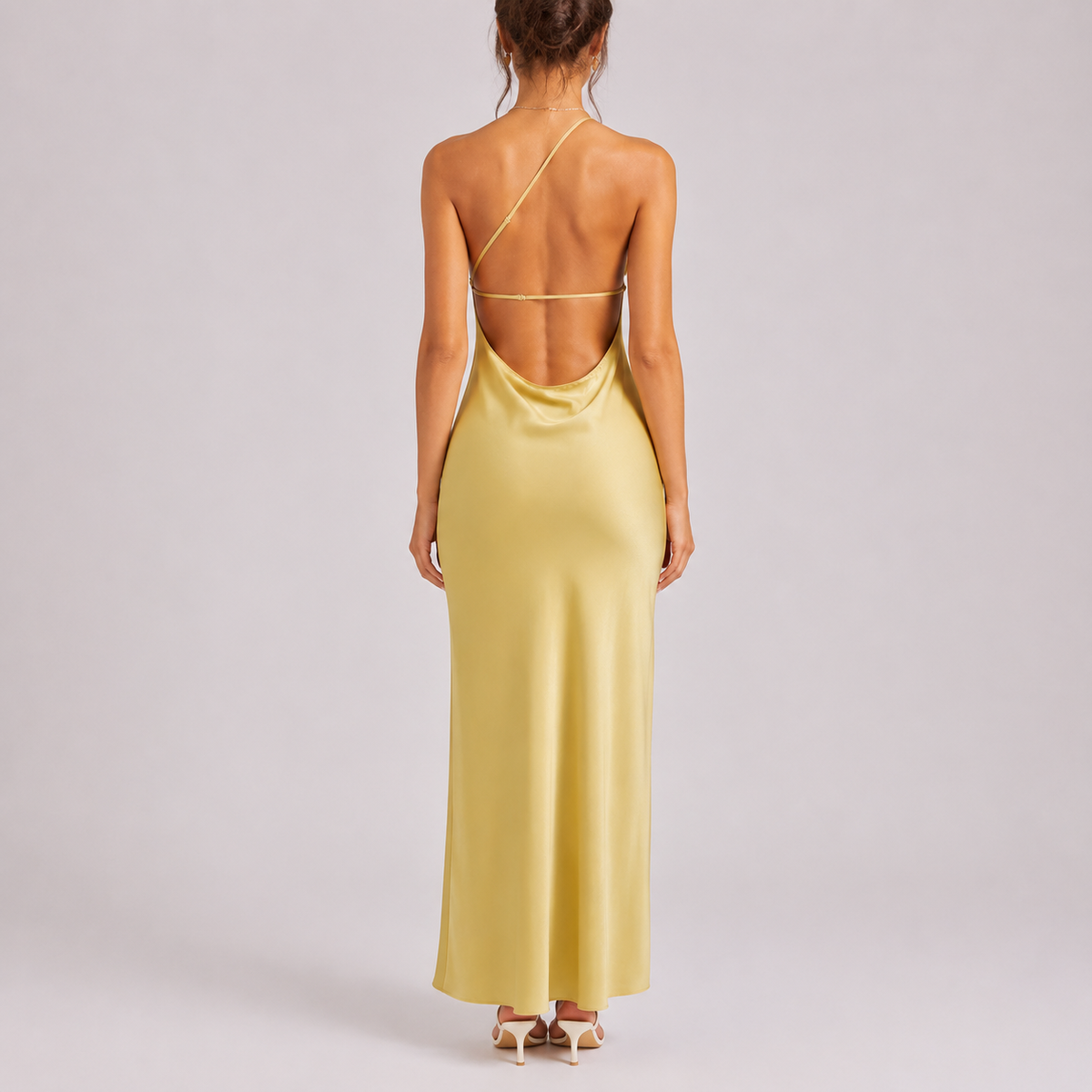 Robe Satin Longue Femme robe une épaule asymétrique de soirée en satin, vue de dos