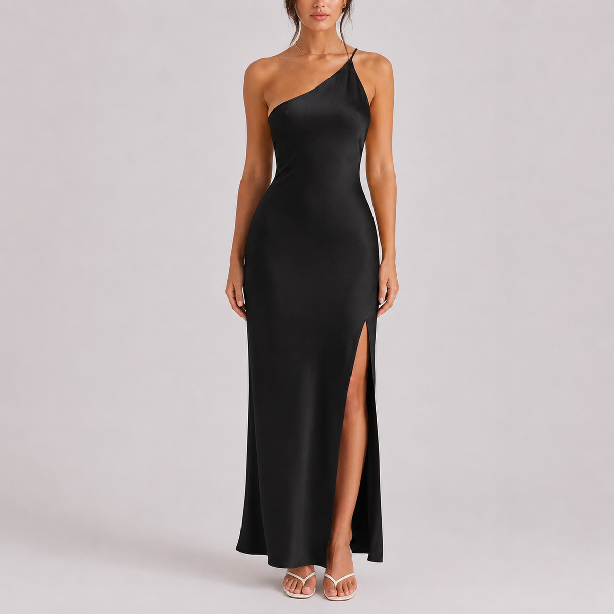 Robe Satin Longue Femme robe une épaule asymétrique de soirée en satin, vue de profil