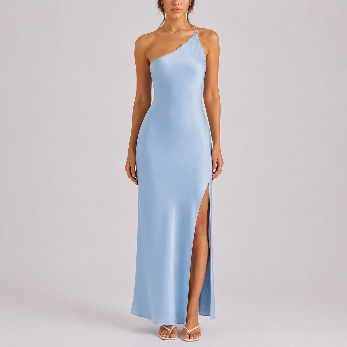 Robe Satin Longue Femme robe une épaule asymétrique de soirée en satin, détail tissu