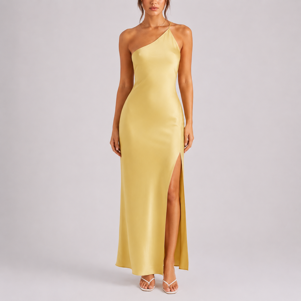 Robe Satin Longue Femme robe une épaule asymétrique de soirée en satin, vue de face