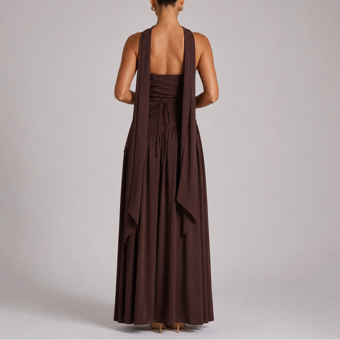 Robe Dos Nu Longue Femme robe longue fluide avec foulard en tissu léger et fluide, détail décolleté