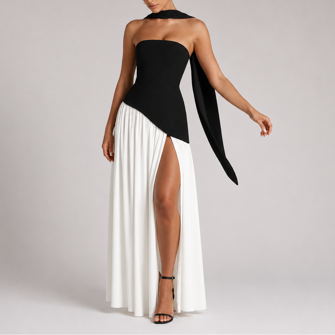 Robe Dos Nu Longue Femme robe longue fluide avec foulard en tissu léger et fluide, vue complète