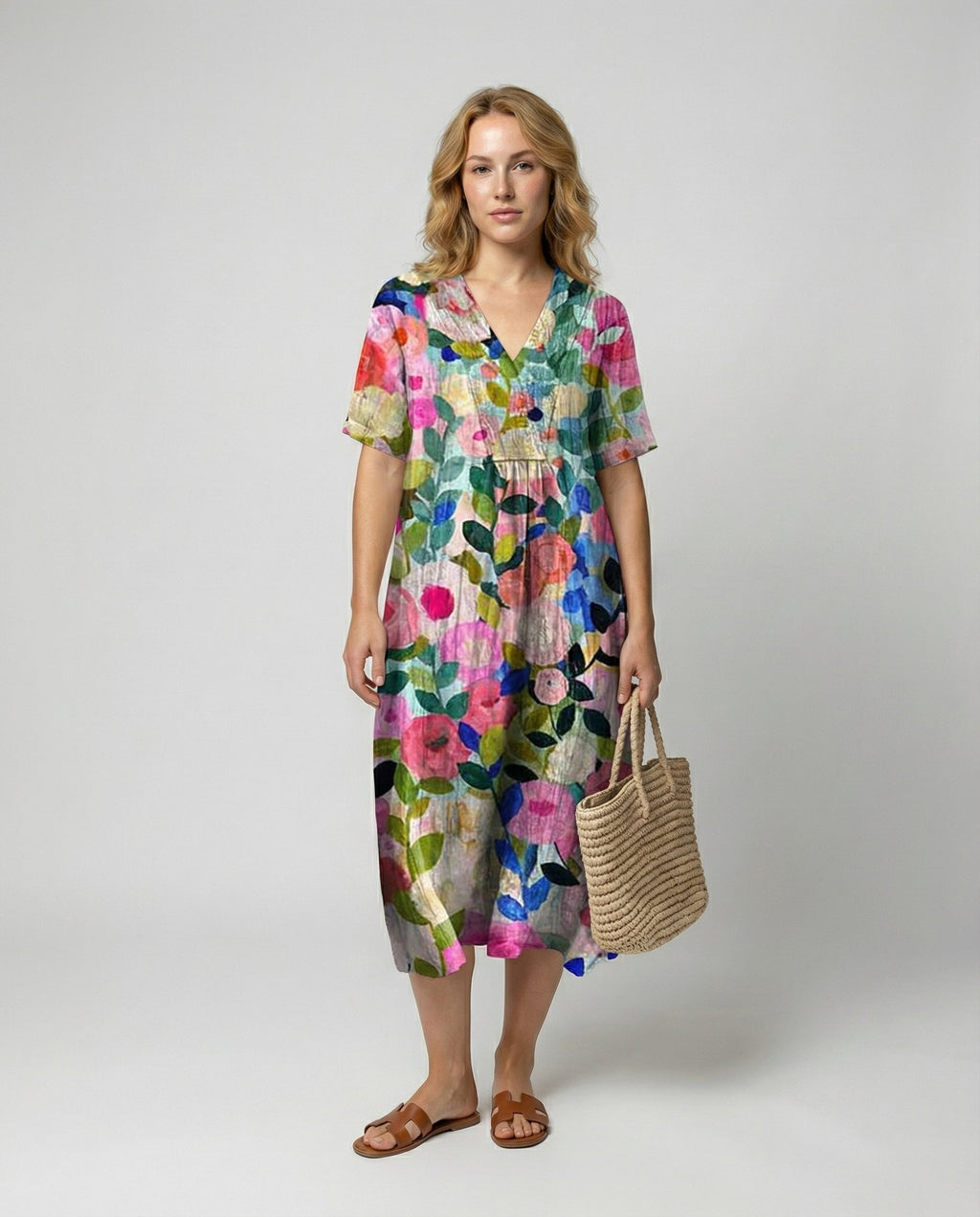 Rosie | Robe midi en lin à fleurs pour femme avec col en V
