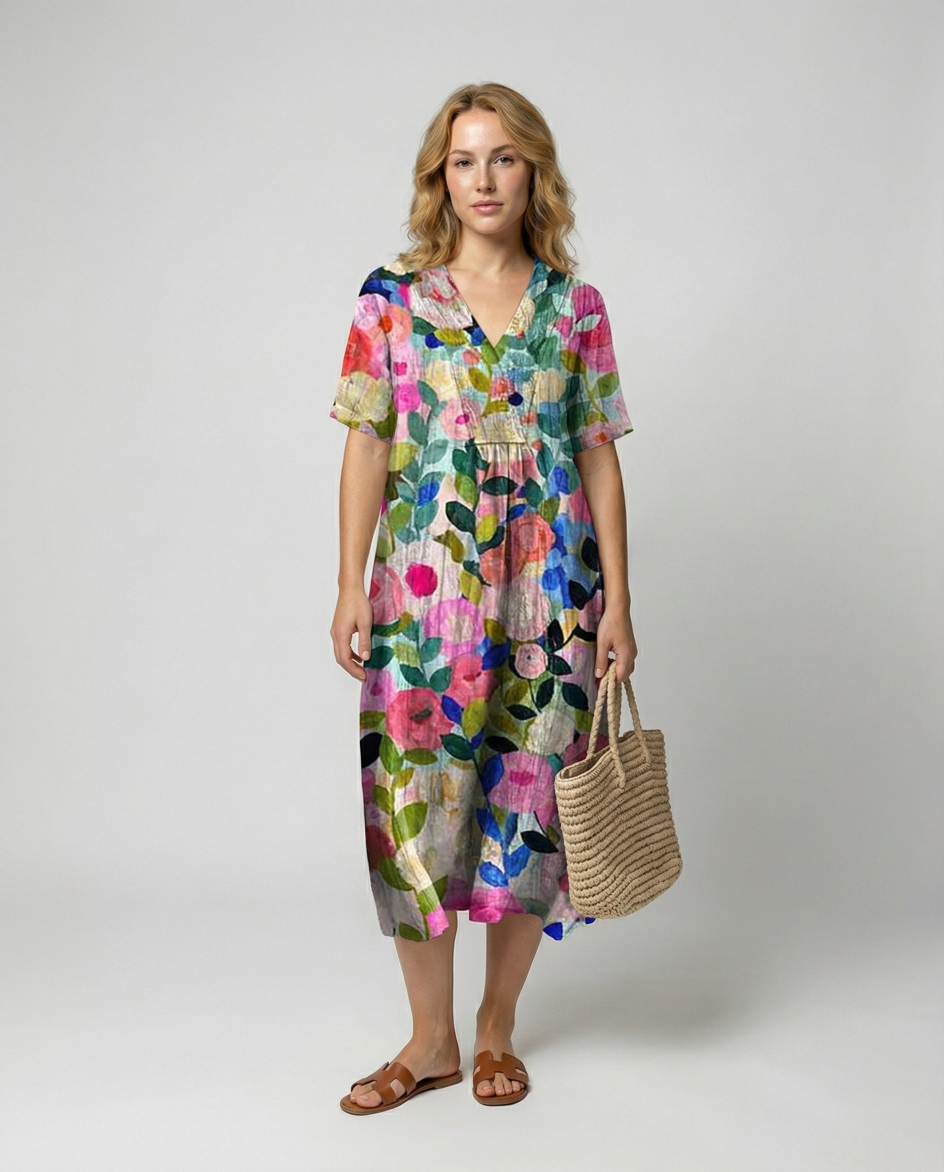 Rosie | Robe midi en lin à fleurs pour femme avec col en V