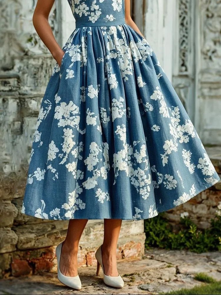 Scarlett | Robe midi sans manches à imprimé floral pour femme, coupe évasée