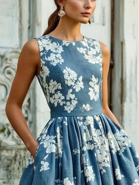 Scarlett | Robe midi sans manches à imprimé floral pour femme, coupe évasée