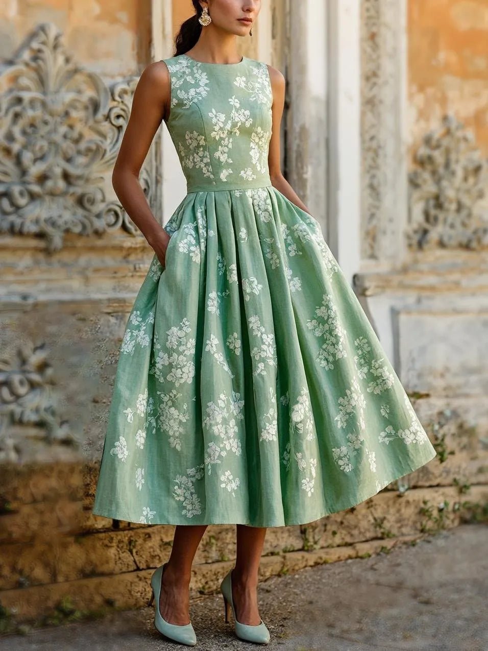 Scarlett | Robe midi sans manches à imprimé floral pour femme, coupe évasée