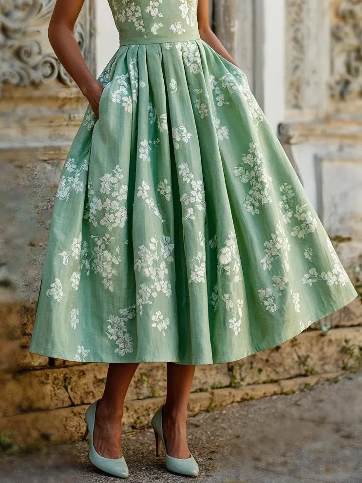 Scarlett | Robe midi sans manches à imprimé floral pour femme, coupe évasée