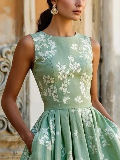 Scarlett | Robe midi sans manches à imprimé floral pour femme, coupe évasée
