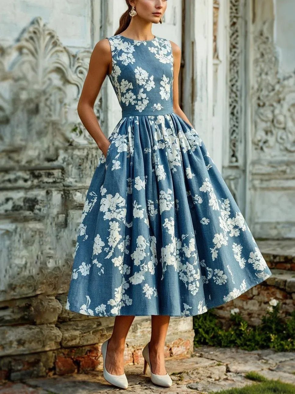 Scarlett | Robe midi sans manches à imprimé floral pour femme, coupe évasée