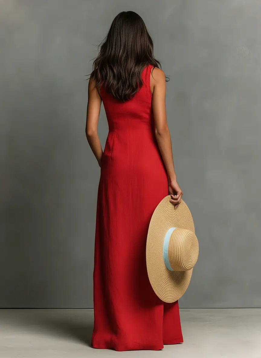 Sienna | Robe maxi sans manches en lin pour femme avec boutons sur le devant