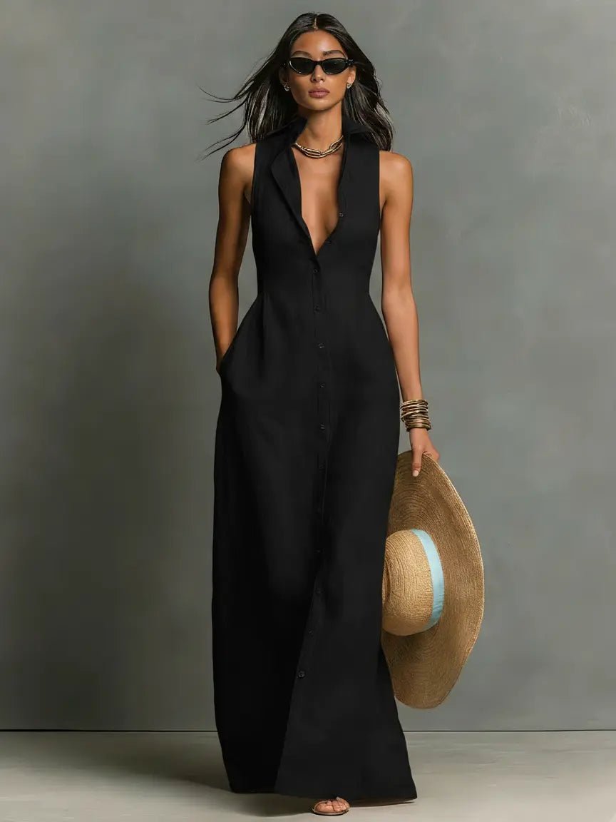 Sienna | Robe maxi sans manches en lin pour femme avec boutons sur le devant