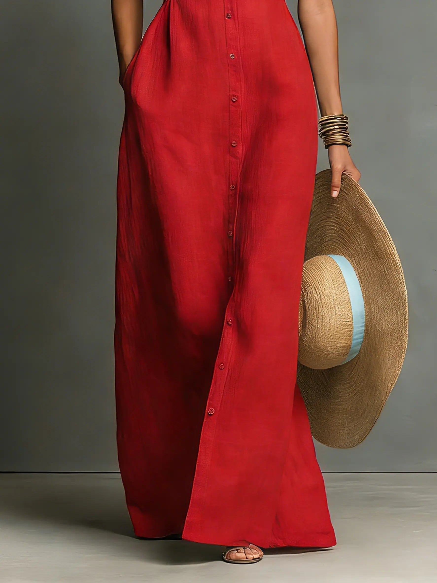 Sienna | Robe maxi sans manches en lin pour femme avec boutons sur le devant