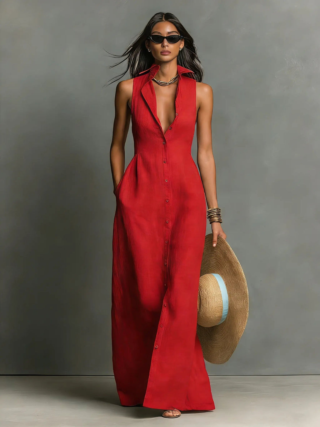 Sienna | Robe maxi sans manches en lin pour femme avec boutons sur le devant