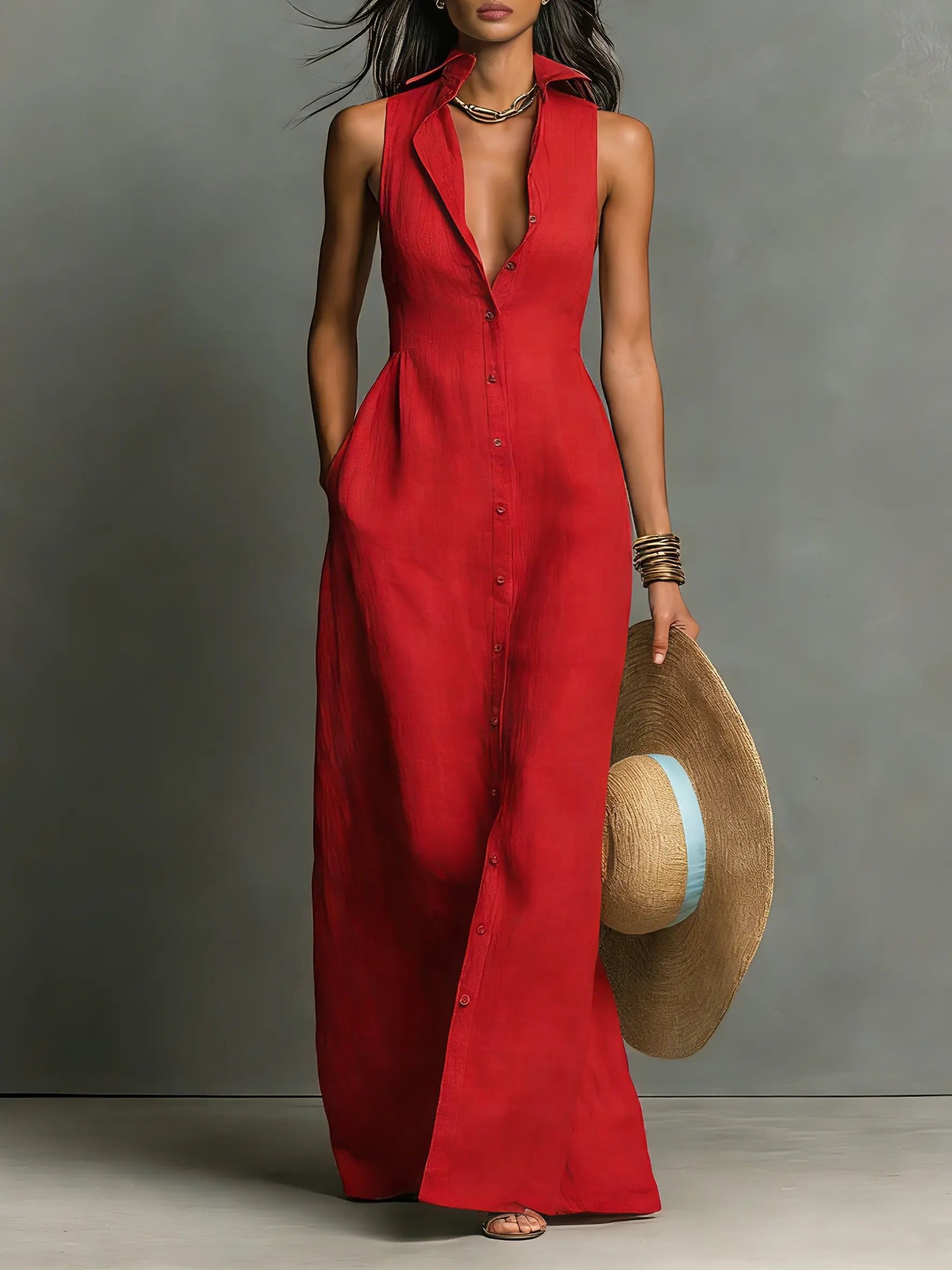 Sienna | Robe maxi sans manches en lin pour femme avec boutons sur le devant