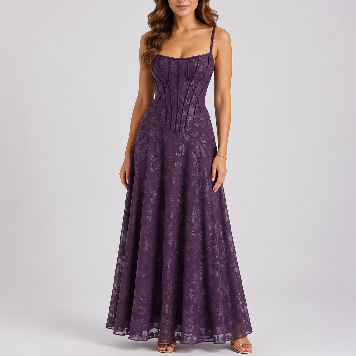 Robe Corset Longue Brodée Femme - Robe Longue Fleurie Bustier